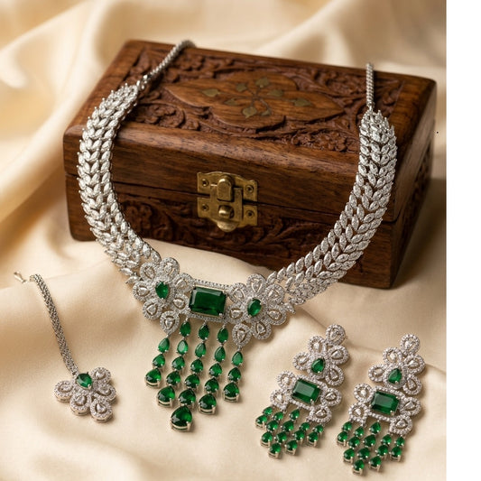 Emerald Green American Diamond Zirconia Sunburst Necklace Set