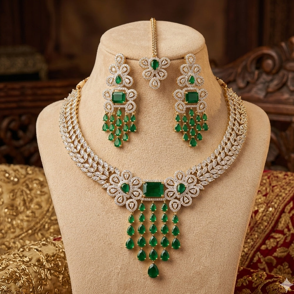 Emerald Green American Diamond Zirconia Sunburst Necklace Set
