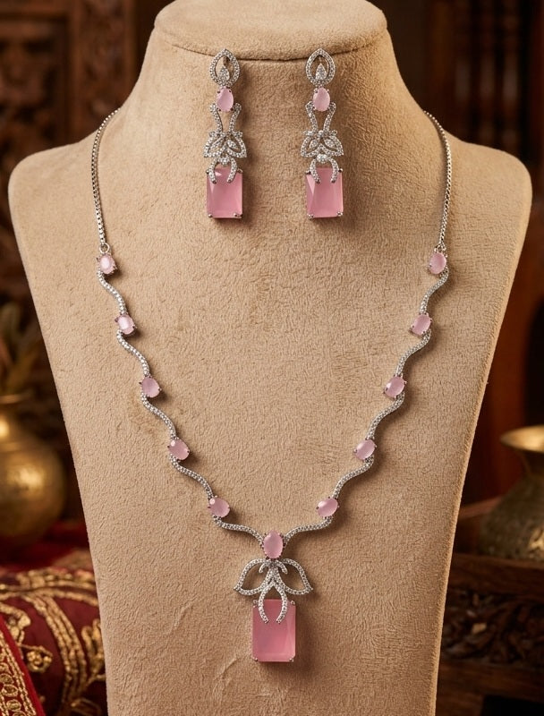 Elegant American Diamond,silver-plated wavy necklace design studded with cubic zirconia-Baby Pink