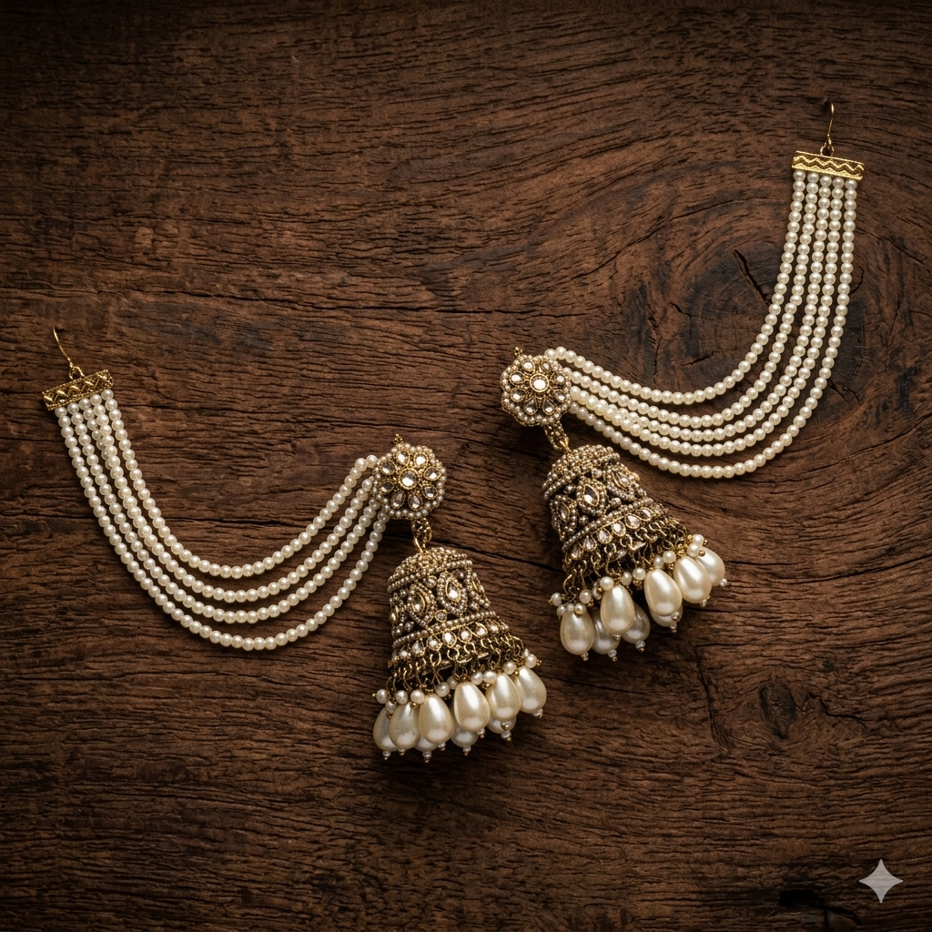Bahubali Jadau Reverse AD Jhumka Earrings with Earchain - Golden