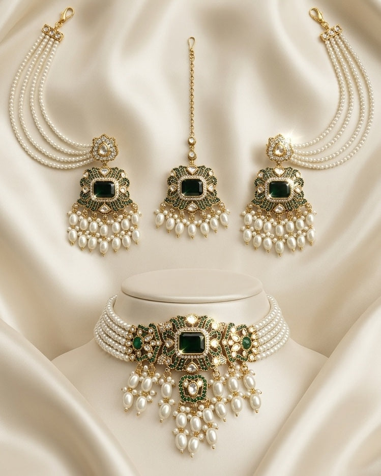 Nitara Jadau Pearls-Reverse AD Choker Necklace Set with Earchain Earrings & Maang Tika - Emerald Green