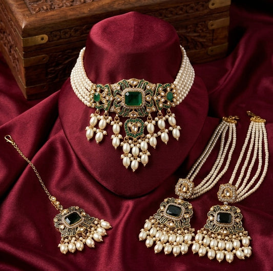 Nitara Jadau Pearls-Reverse AD Choker Necklace Set with Earchain Earrings & Maang Tika - Emerald Green