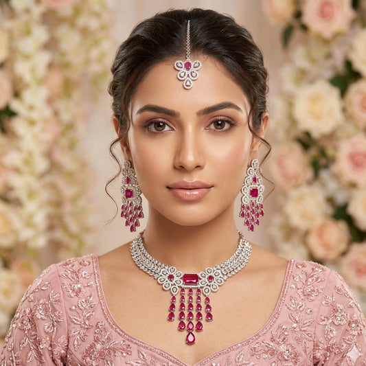 Ruby Red American Diamond Zirconia Sunburst Necklace Set