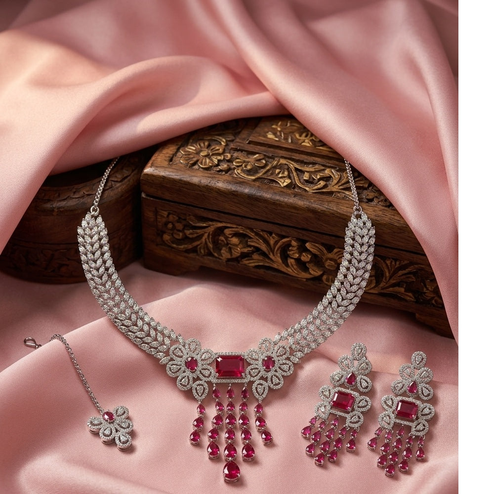 Ruby Red American Diamond Zirconia Sunburst Necklace Set