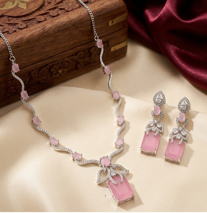 Elegant American Diamond,silver-plated wavy necklace design studded with cubic zirconia-Baby Pink
