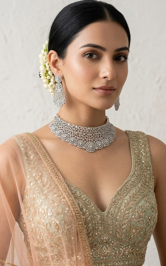 Celestia – Premium Diamond-Cut Floral Choker Necklace Set