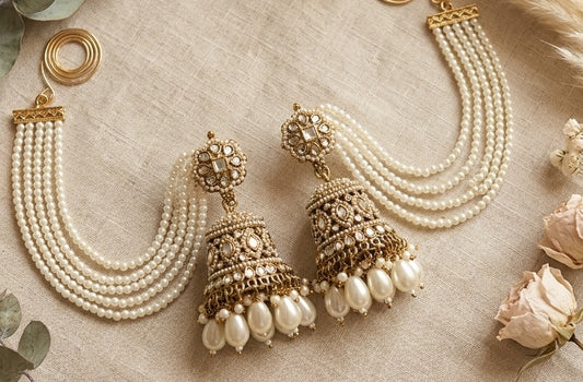 Bahubali Jadau Reverse AD Jhumka Earrings with Earchain - Golden