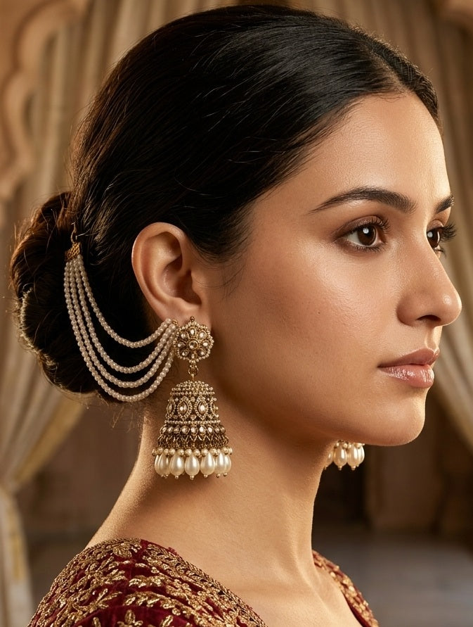 Bahubali Jadau Reverse AD Jhumka Earrings with Earchain - Golden