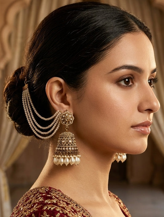 Bahubali Jadau Reverse AD Jhumka Earrings with Earchain - Golden