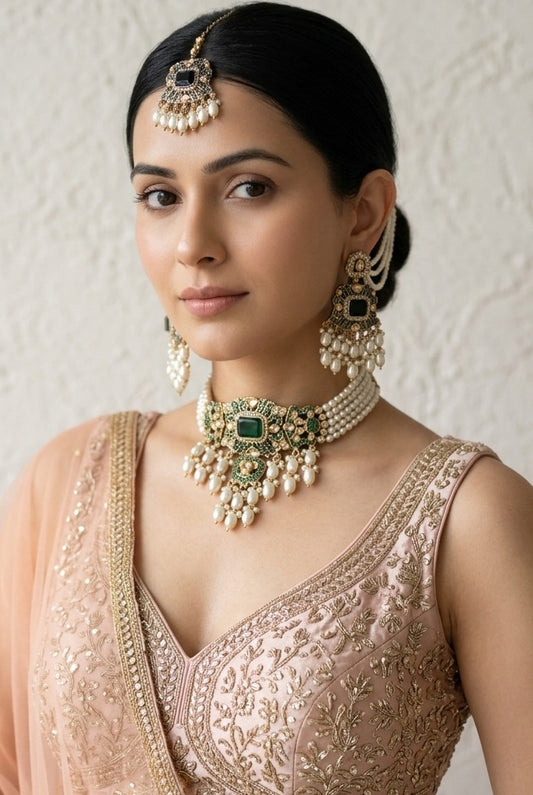 Nitara Jadau Pearls-Reverse AD Choker Necklace Set with Earchain Earrings & Maang Tika - Emerald Green