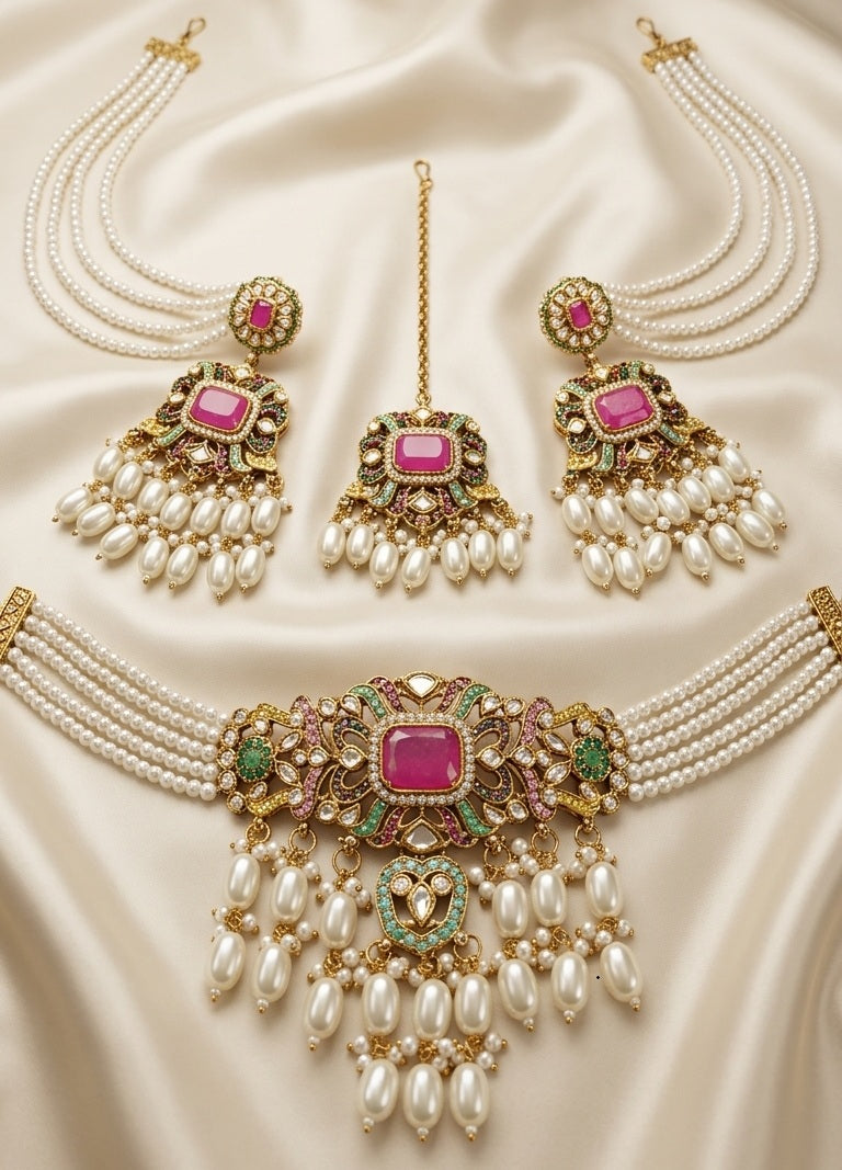 Nitara Jadau Pearls-Reverse AD Choker Necklace Set with Earchain Earrings & Maang Tika- Multicolor