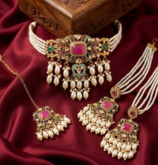 Nitara Jadau Pearls-Reverse AD Choker Necklace Set with Earchain Earrings & Maang Tika- Multicolor