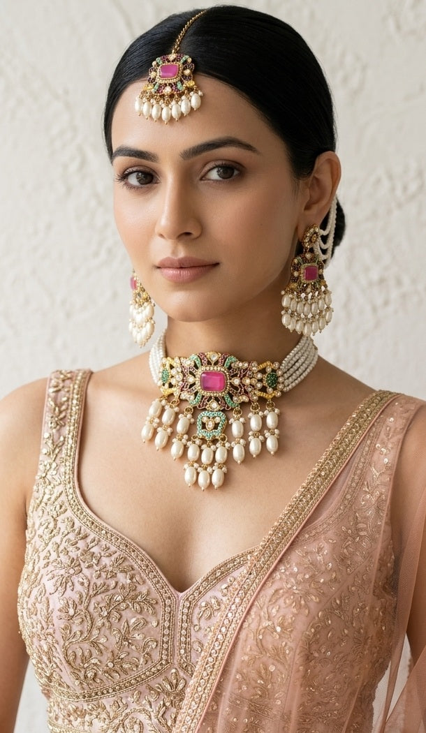 Nitara Jadau Pearls-Reverse AD Choker Necklace Set with Earchain Earrings & Maang Tika- Multicolor