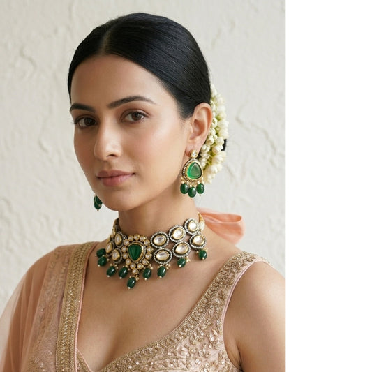 Stunning Kundan Necklace set with Earrings-Green