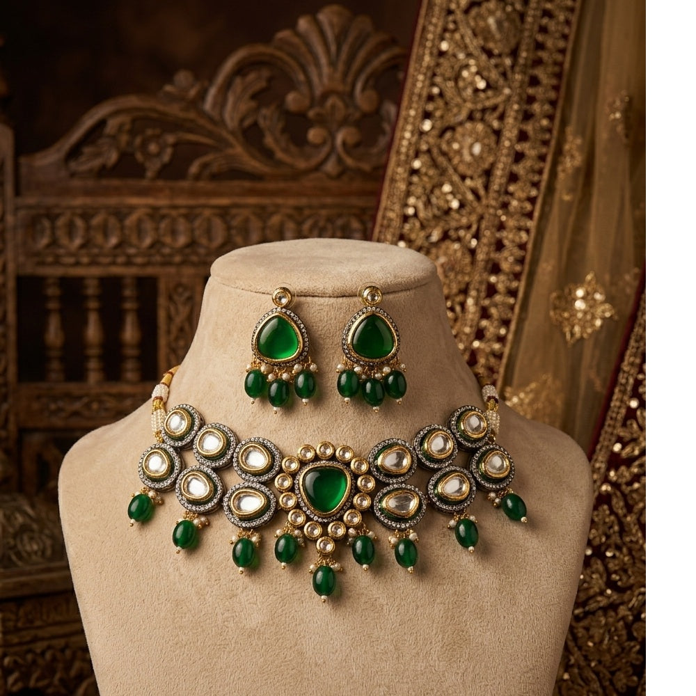 Stunning Kundan Necklace set with Earrings-Green