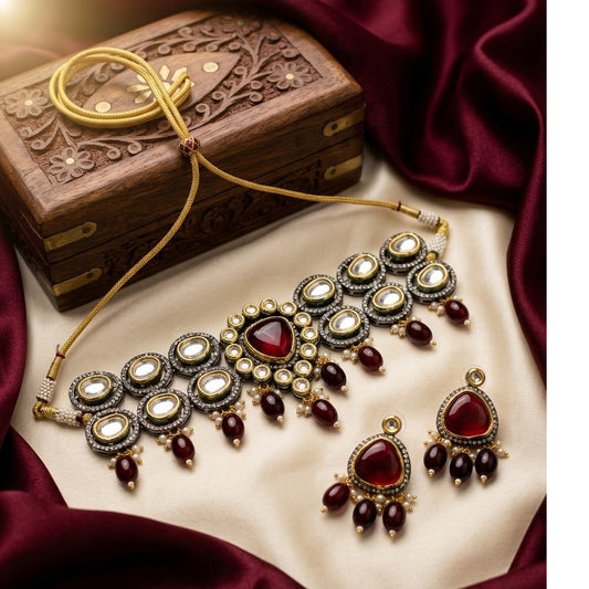 Stunning Kundan Necklace Set with Earrings-Maroon