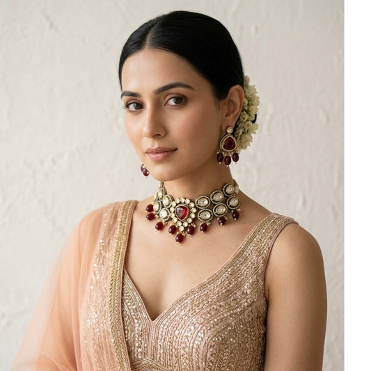 Stunning Kundan Necklace Set with Earrings-Maroon