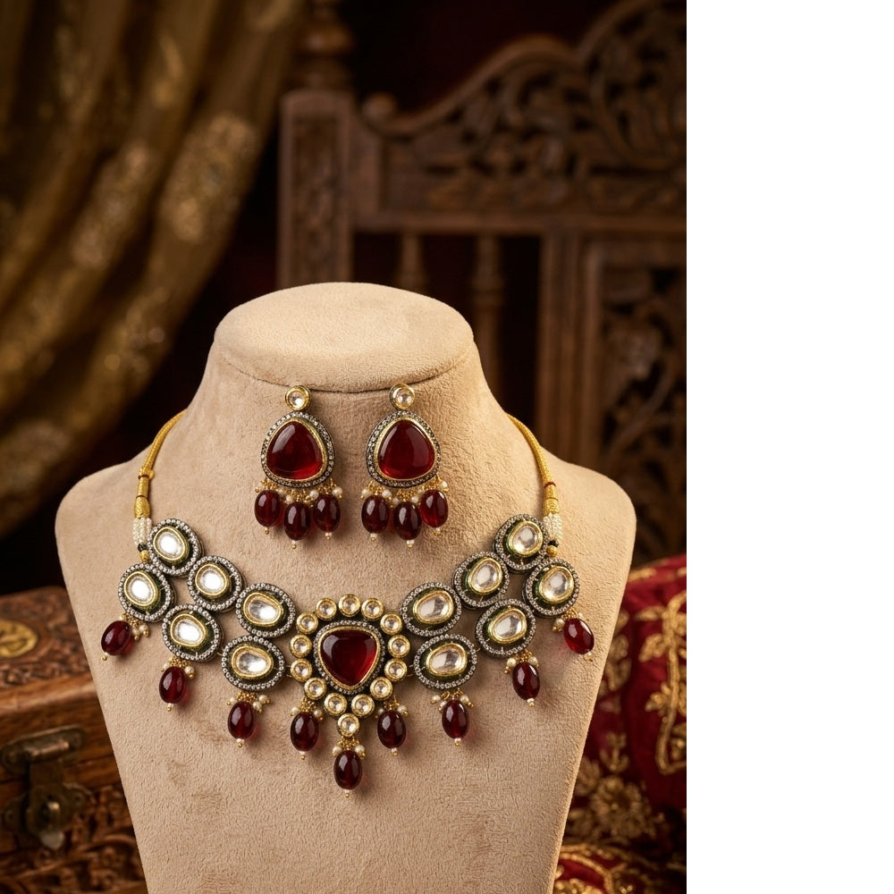 Stunning Kundan Necklace Set with Earrings-Maroon