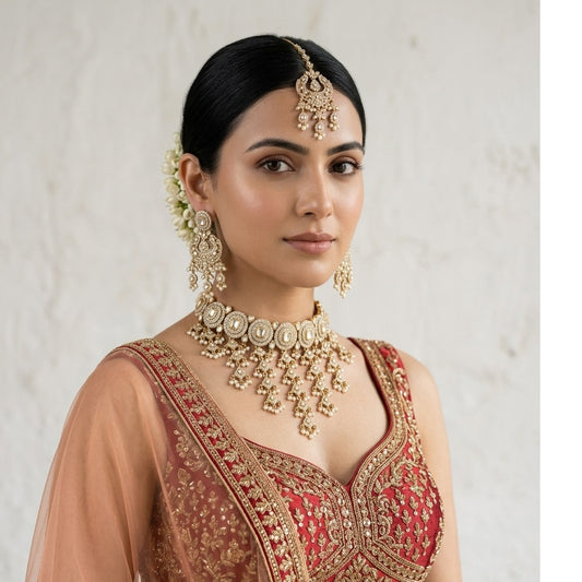 Ira Kundan and Pearl detailing-Waterfall Bridal Choker Necklace Set with Earrings & Maang Tika- Gold
