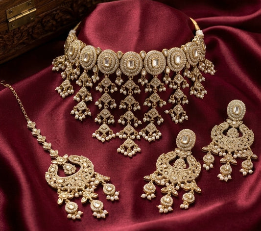 Ira Kundan and Pearl detailing-Waterfall Bridal Choker Necklace Set with Earrings & Maang Tika- Gold