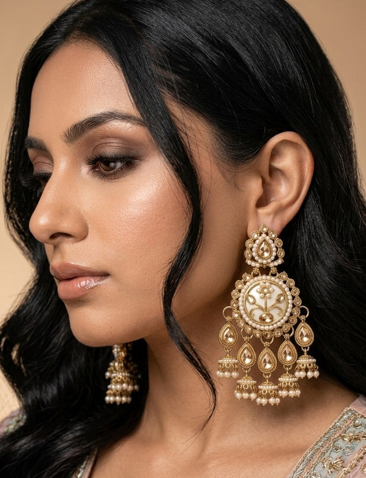 Meher-Champagne stones Pearl Chandbali Earrings