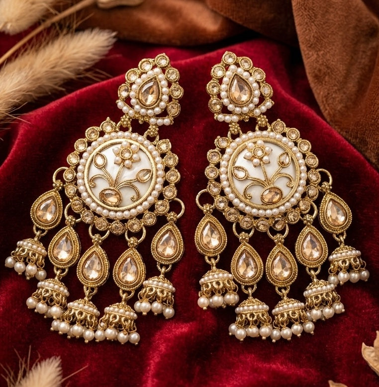 Meher-Champagne stones Pearl Chandbali Earrings