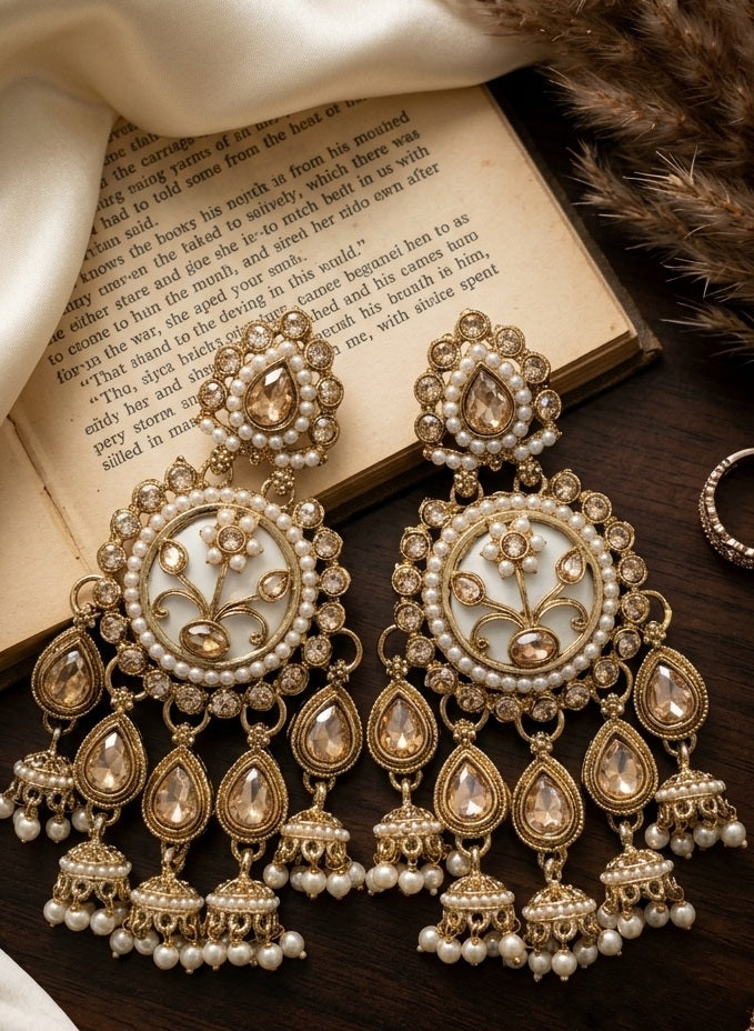 Meher-Champagne stones Pearl Chandbali Earrings